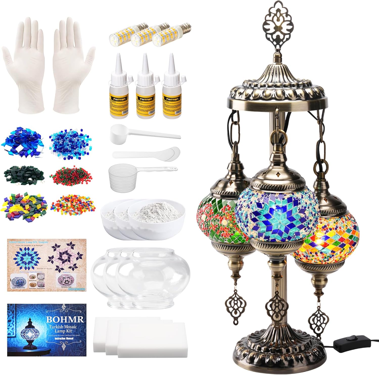 Art Craft Kit - DIY 3グローブトルコモザイクランプキット、高さ23インチのステンドグラステーブルランプ製作キット-簡単で楽しい、経験不要、大人とティーン向けのモザイクアート＆クラフトプロジェクトキット、自分だけのランプを作ろう、マルチカラー