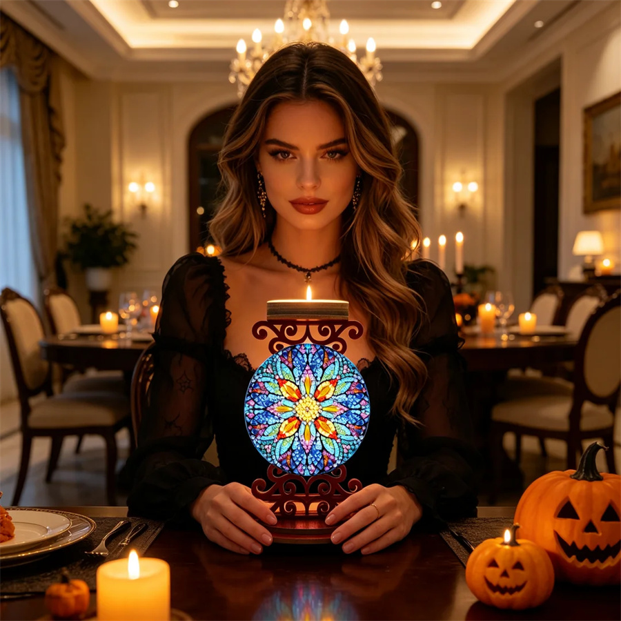 Art Craft Kit - 花の形をしたキャンドルホルダー、ハロウィーンのギフト、ダイヤモンドペイントキット、ドリル、DIY、クリスタルラインストーン、モザイクアート、手芸、ホームデコレーション
