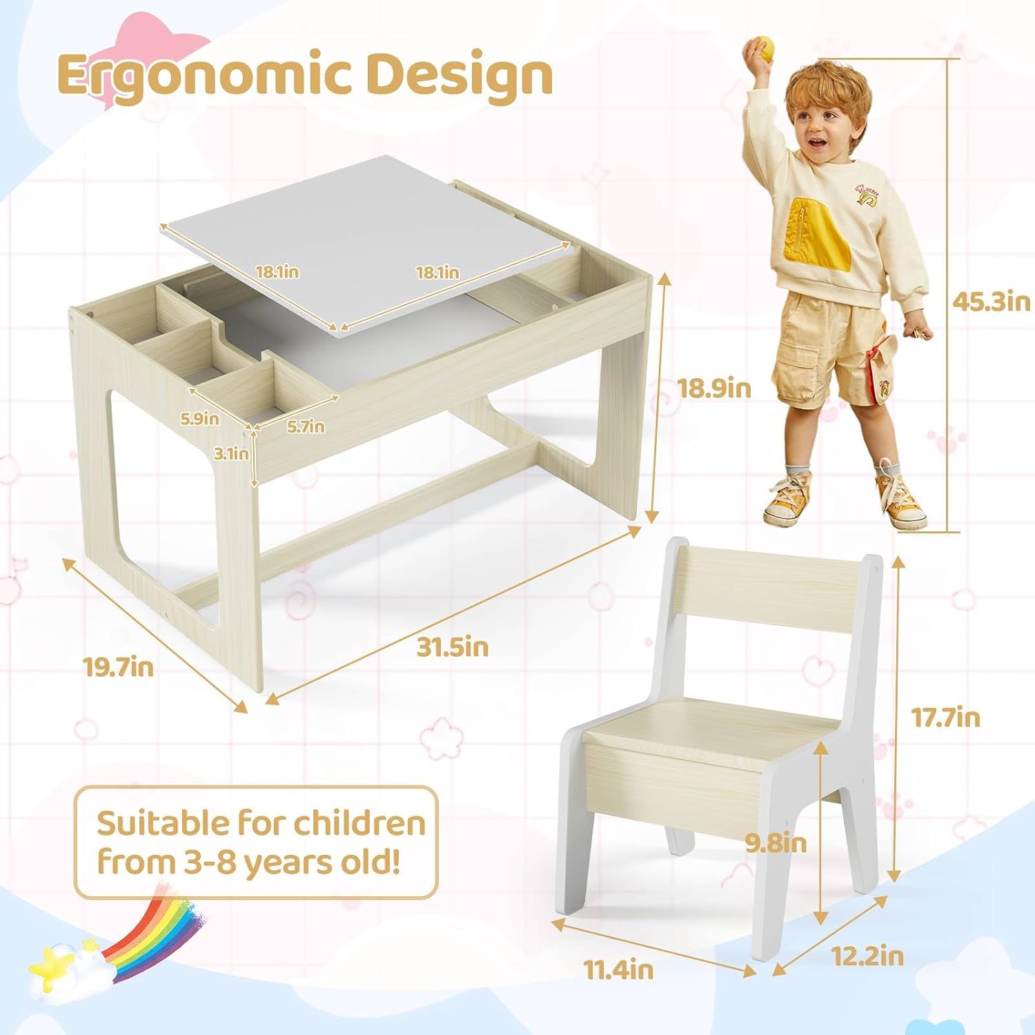 3 in 1 キッズアートテーブル＆チェアセット、黒板付き木 - Art And Craft For Nursery のレビューと価格
